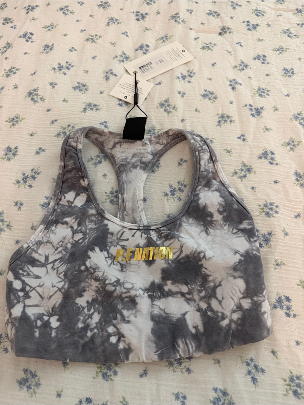 P.E Nation Gray Tie-Dye Racerback Sports Bra with Gold Logo